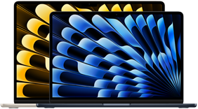 มุมมองด้านหน้าของ MacBook Air รุ่น 13 นิ้ว และ 15 นิ้ว ซึ่งแสดงให้เห็นถึงขนาดจอภาพ (วัดในแนวทแยง)